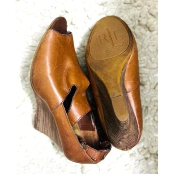 Lauren Ralph Lauren GoldenBrown Leather Peep Toe Adjust Strap Wedge Sandals 7.5 - Picture 5 of 8